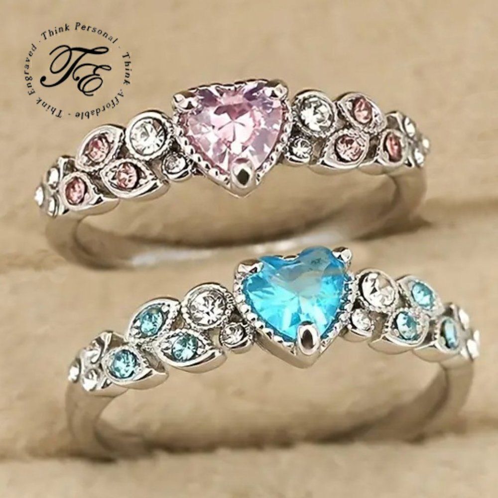 Heart Gem Girl's Promise Ring - Blue or Pink Heart Gems With Vine Design Band